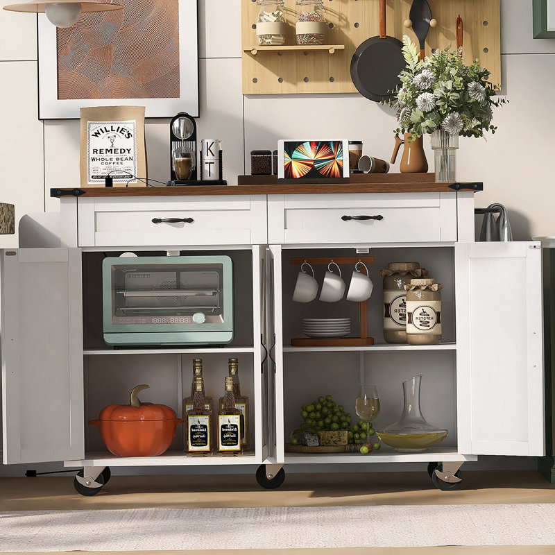53.5''Farmhouse Kitchen Island With Power Outlet, Kitchen Storage Island With Drop Leaf, Spice Rack And Drawer, Rolling Kitchen Cart On Wheels, For Home, Kitchen And Dining Room, White