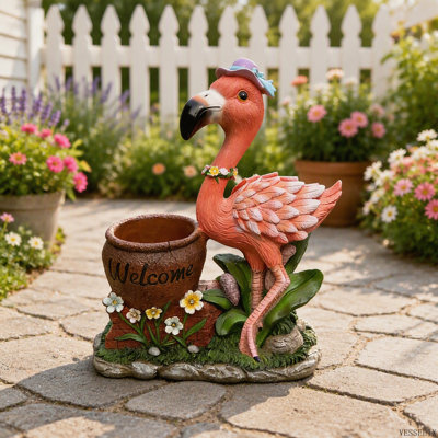 Pot de fleurs flamant rose pour jardin extérieur, décor unique pour votre terrasse.