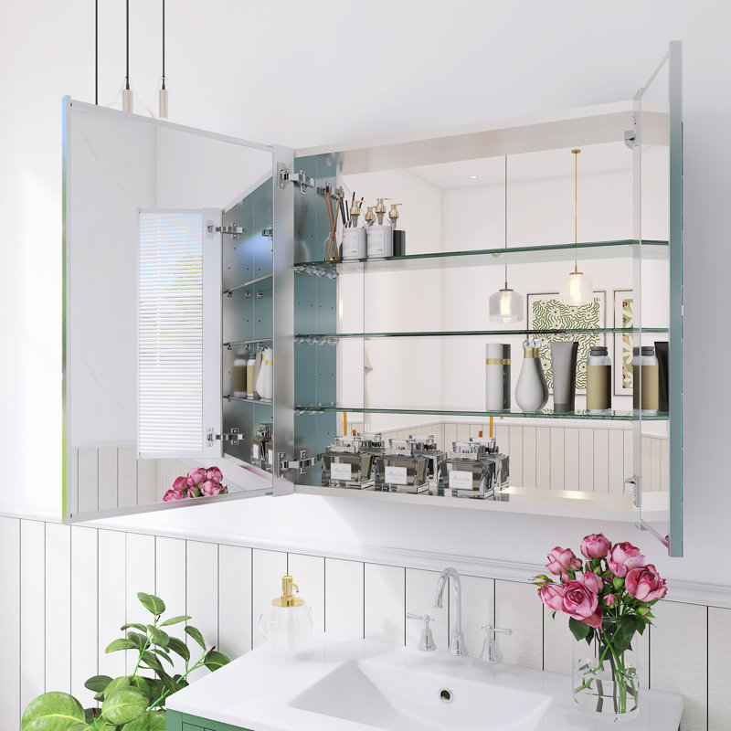 Recessed Or Wall Mount Frameless Medicine Cabinet Mirror With Adjustable Glass Shelves, 30"H x 30"W x 4.82"D