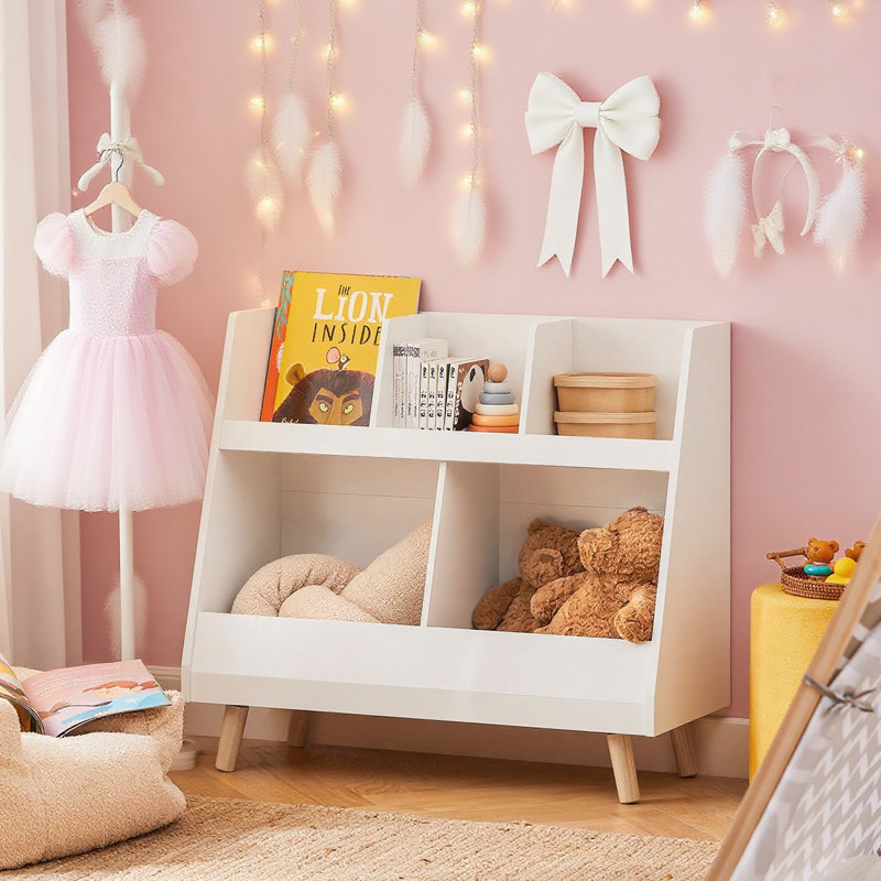 Kids Bookshelf with Storage Montessori Bookshelf for Book Nook Reading Nook & Toy Storage with 5 Compartments,White,33.9"W X 14.2"D X 30.7"H