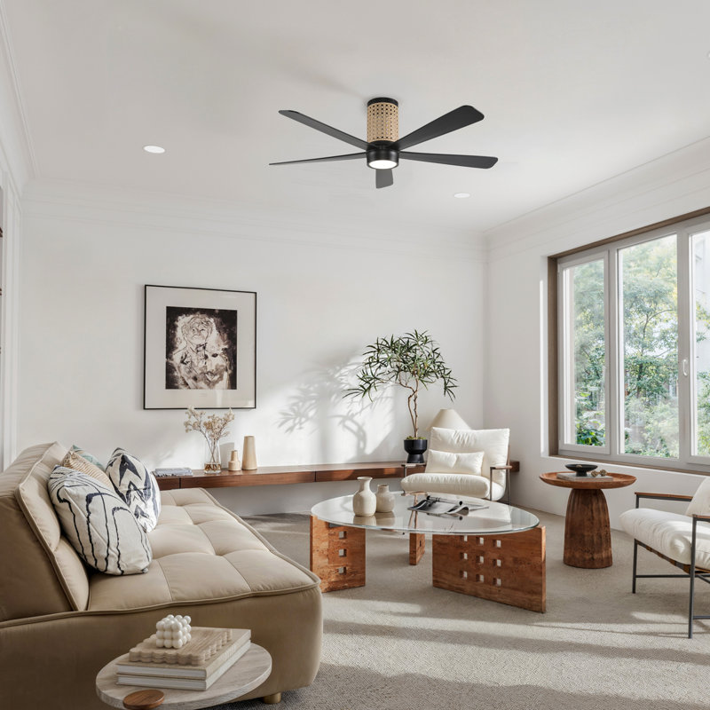  Kasper 52" LED Indoor/Outdoor Ceiling Fan with Uplight, Natural Rattan Cage Ceiling Fan with Light and Remote - Matte Black