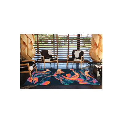 Watercolor Orange Themed Patterned Modern Decorative Washable Rug