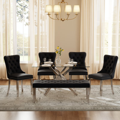 Ensemble de salle à manger rectangulaire avec banc, table de cuisine moderne de style Mid-Century et chaises capitonnées et banc de salle à manger de style luxueux Glass