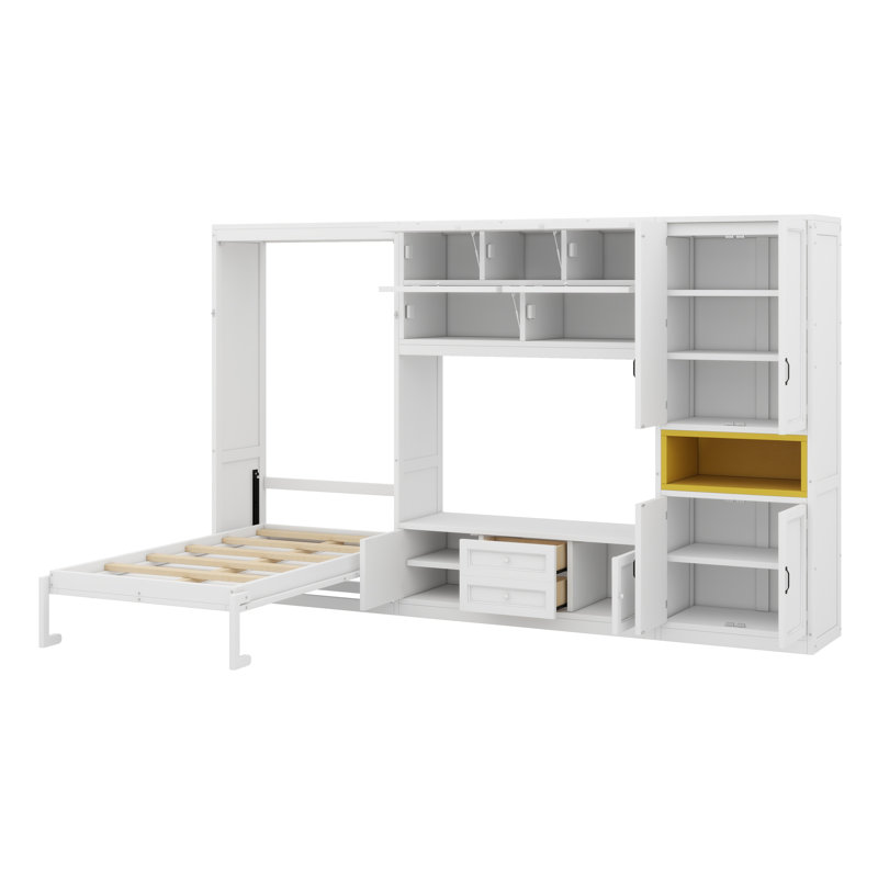 Lit escamotable simple en bois avec meuble télé, 2 tiroirs, tablettes intégrées et armoires, Blanc