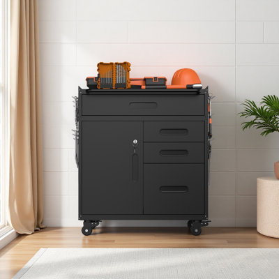 34.3" Mobile Tool Storage Cabinet - Garage Organizer With Lockable Compartment & 4 Drawers, Rolling Steel Chest For Workshop And Home Garage