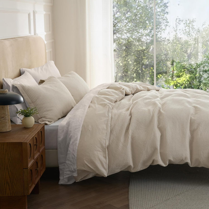 Essential Collection 100% Cotton Waffle Weave Duvet Cover Set, Queen Duvet Cover + 2 Standard Shams, Hazel
