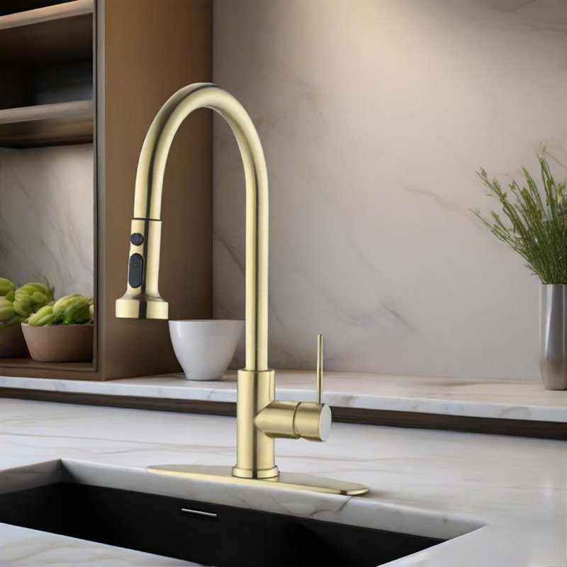 Pull Down Kitchen Faucet With Sprayer, Brushed Gold