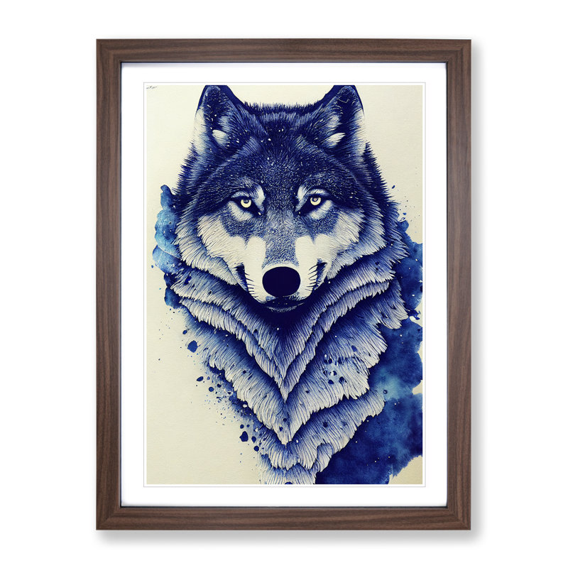 Winter Wolf Art No.2 - Wall Art, 48cm H x 36cm W, Walnut Framed Paper, White