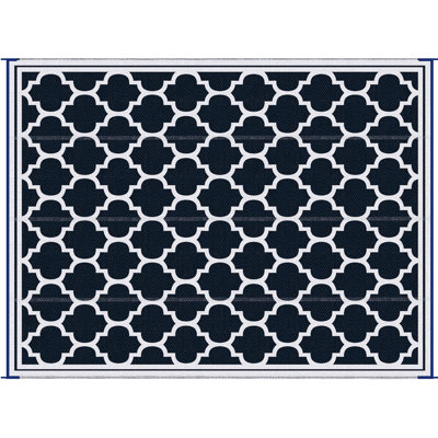 Tapis d'extérieur réversible, 2,74 m x 3,66 m, bleu et blanc. Tapis de camping imperméable avec sac de transport pour camping-car. Décorez votre jardin, terrasse, aire de pique-nique ou plage. Tapis facile à nettoyer, idéal pour le divertissement extérieur.