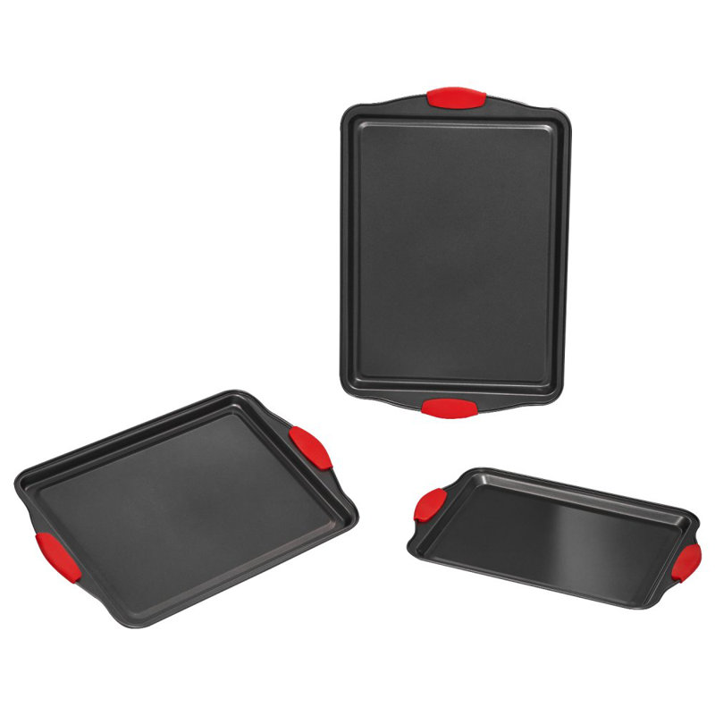 Ensemble de plaques de cuisson antiadhésives en acier au carbone 3 pièces avec poignée en silicone