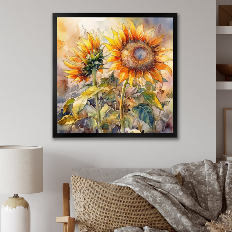 Tournesol jaune, symphonie III sur toile, Cadre simple noir, H 36 po x l 36 po x P 1,5 po