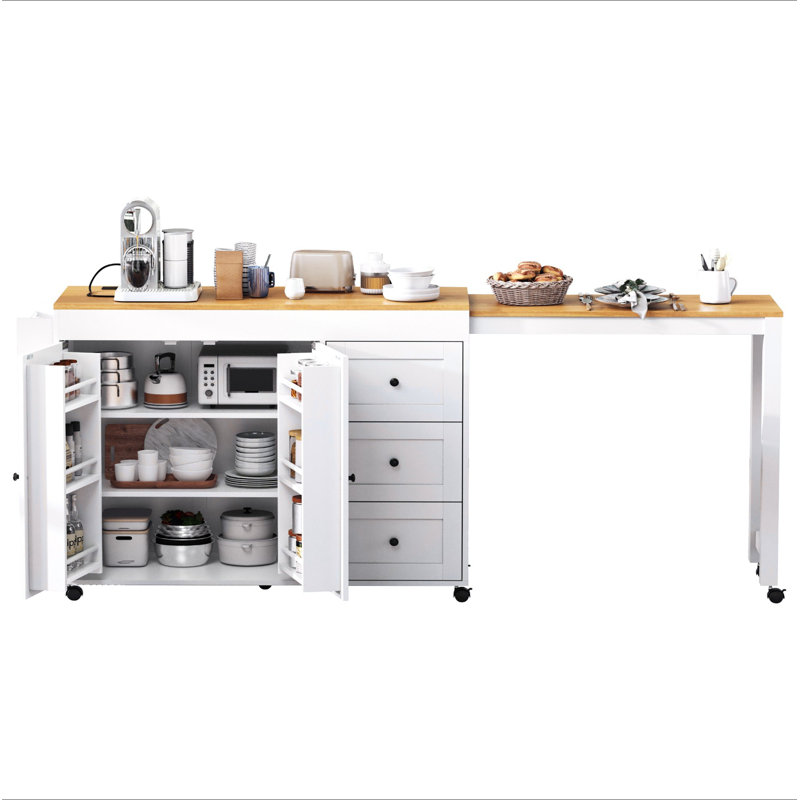 74.8" Kitchen Island With Extendable Dining Table, Kitchen Storage Cart With 3 Drawers, Power Outlet, Rolling Kitchen Island On Wheels With Spice Rack And 2 Door Cabinet, For Kitchen