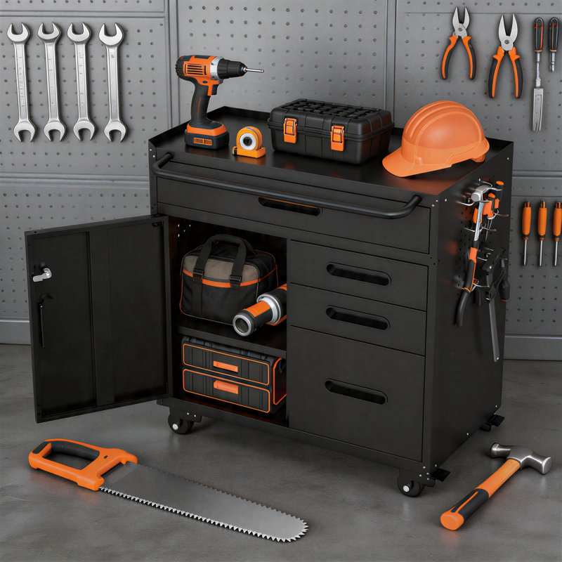 34.7-Inch Steel Mobile Tool Cabinet With Lockable Compartments And Four Drawers; Wheeled Storage Cabinet For Workshops And Garages.