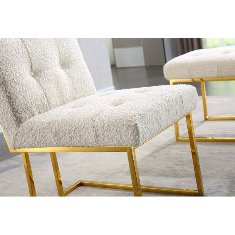 Chaise de salle à manger, conception capitonnée et base en acier inoxydable à finition dorée, Blanc