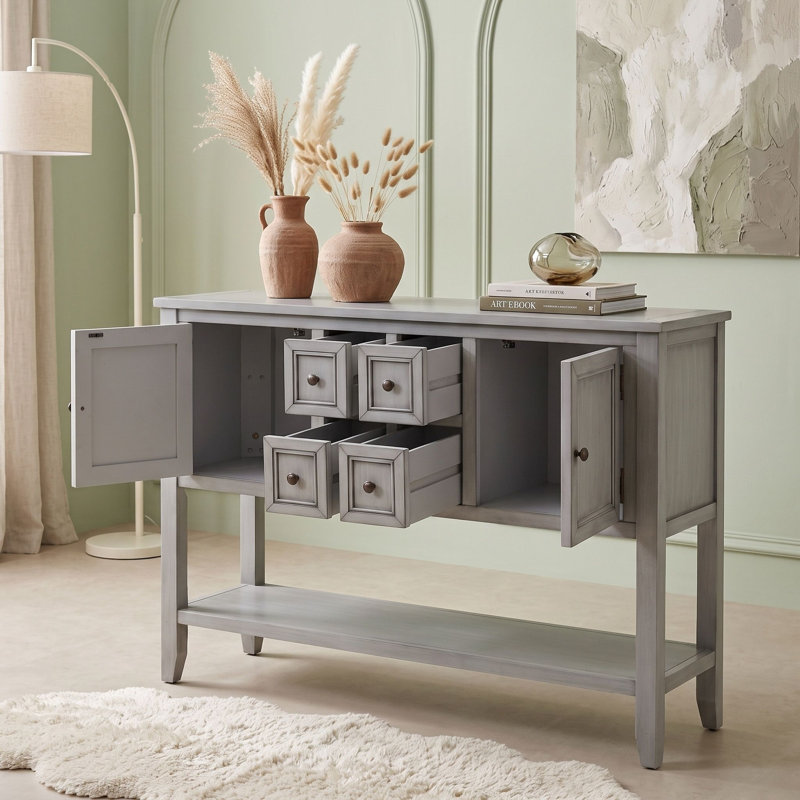 Console vintage avec tiroirs, armoires, tablette inférieure et poignées en métal pour salon, Gris antique