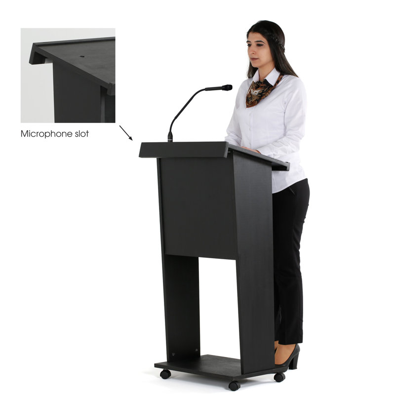 Black Lacquered Plywood Floor-Standing Podium with Shelf and Wheels