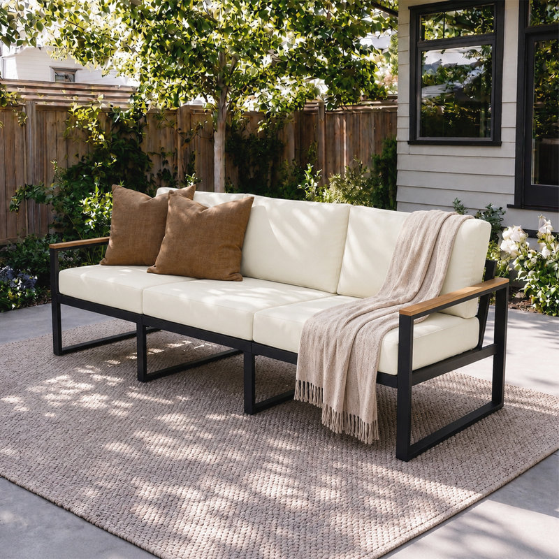 Canapé d'extérieur 3 places avec assise profonde et structure en acier robuste, Beige