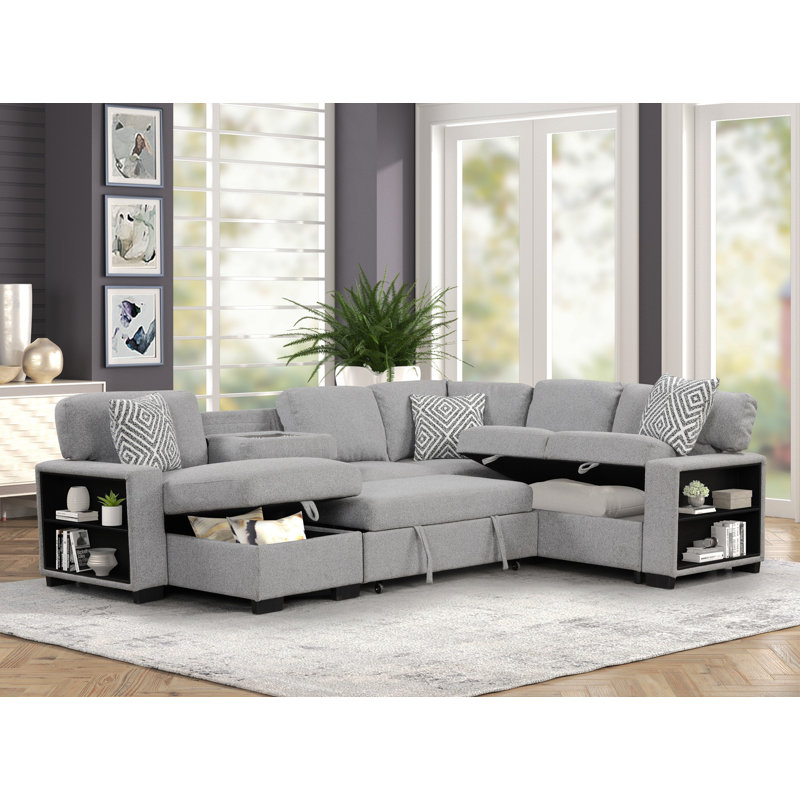 Canapé modulaire de style moderne avec lit escamotable Cairo, bibliothèque de rangement 2 et USB fabriqué en bois et en métal gris (G150-CA)