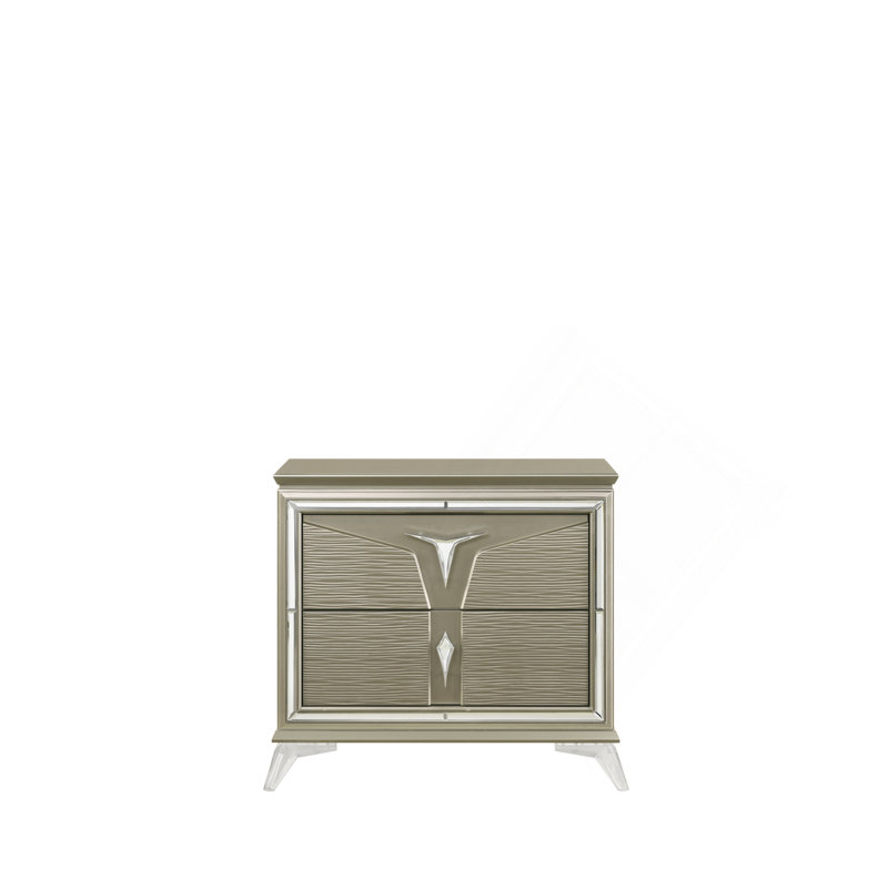 Table de chevet 2 tiroirs de style moderne en bois et accents en miroir