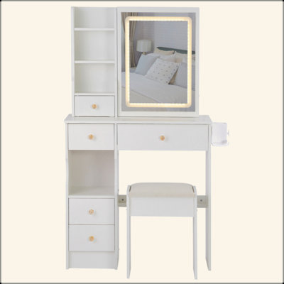 Small Size Left Drawer Desktop Vanity Table + Cushioned Stool, 2 AC+2 USB Power Station, Hair Dryer Bracket, Extra Large Touch Control Sliding LED Mirror, Tri-Color Switching, EPA,GCC,UL Certificate