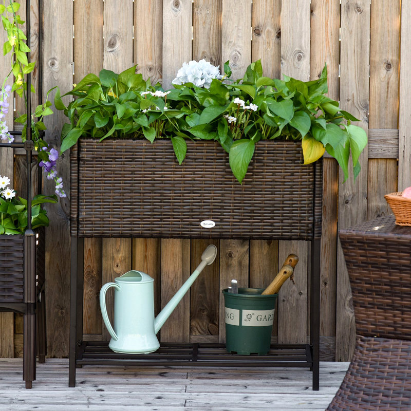 Outsunny Raised Garden Bed, Elevated Planter Box With Rattan Wicker Look, Tool Storage Shelf, Portable Design For Herbs, Vegetables, Flowers