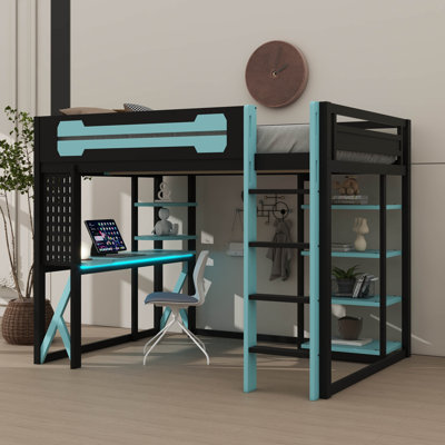 Lit mezzanine double en bois avec bureau, tablettes, prise de courant et connecteurs USB / Type-C, éclairage DEL