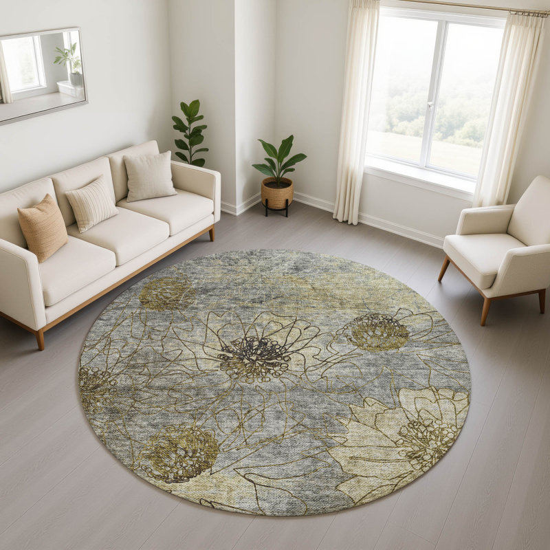 Premium Machine Washable Mayfield AMF2235 Floral Rug, Granite, 8' Round