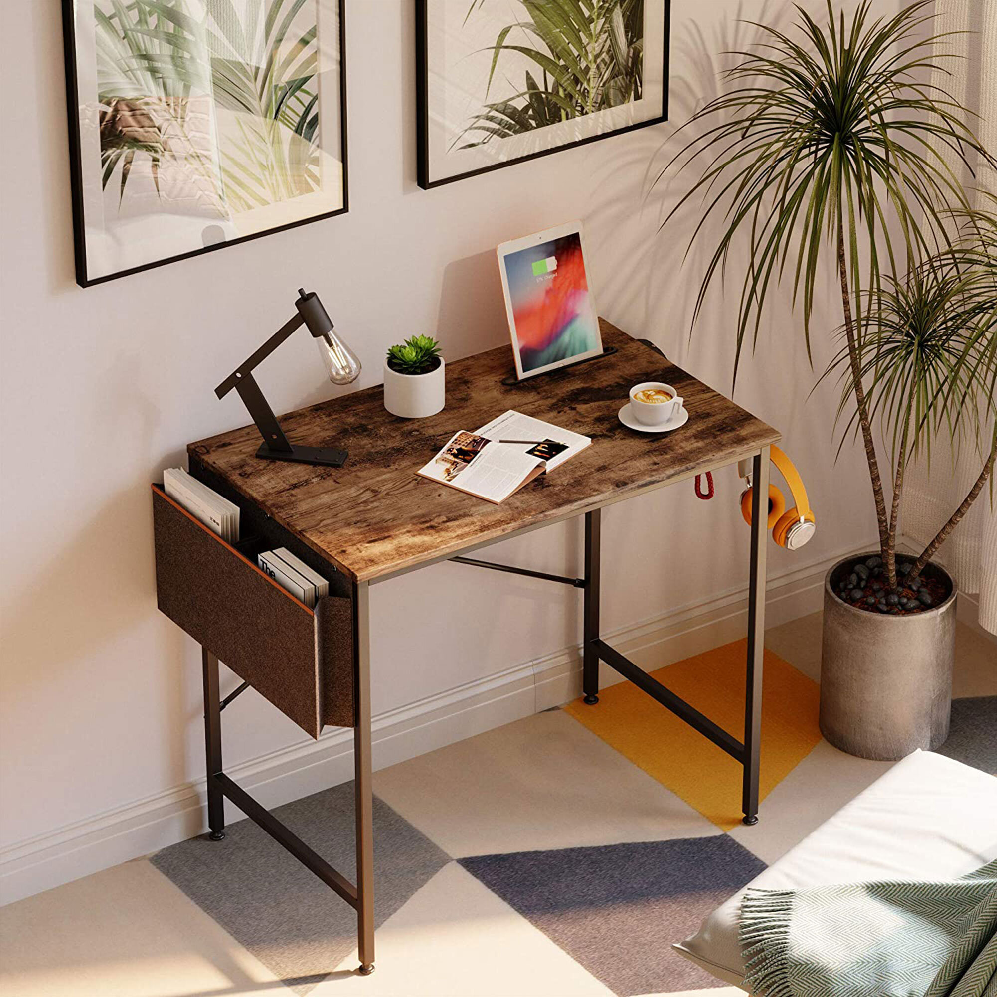 Bestier Computer 32 Inch Modern Mini Style Office Desk with Adjustable  Metal Frame, Storage Bag, and Working Table for Small Bedroom Space, Grey