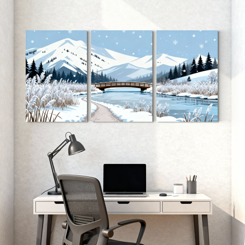 Hiver, forêt, paysage d'hiver, montagnes enneigées, pont de rivière, ensemble de 3 impressions sur toile, H 24 po x l 48 po