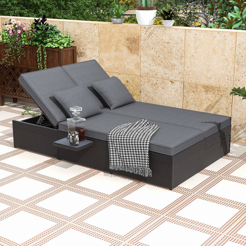 Wicker Rattan 2 Reclining Sunbeds with Adjustable Backrests and Convenient Side Trays, Gray, Gray