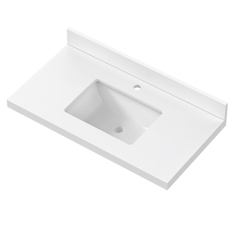 36" Modern White Quartz Stone Rectangular Bathroom Vanity Top With Sink