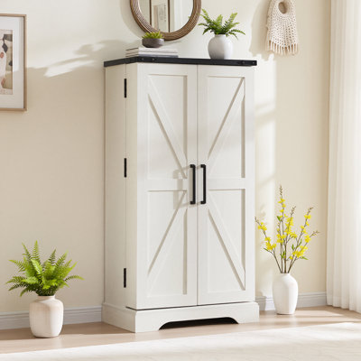 Farmhouse Kitchen Pantry with 10 Door Shelves ,Wood Storage Pantry Cabinet with Magnetic Barn Doors & Adjustable Shelves