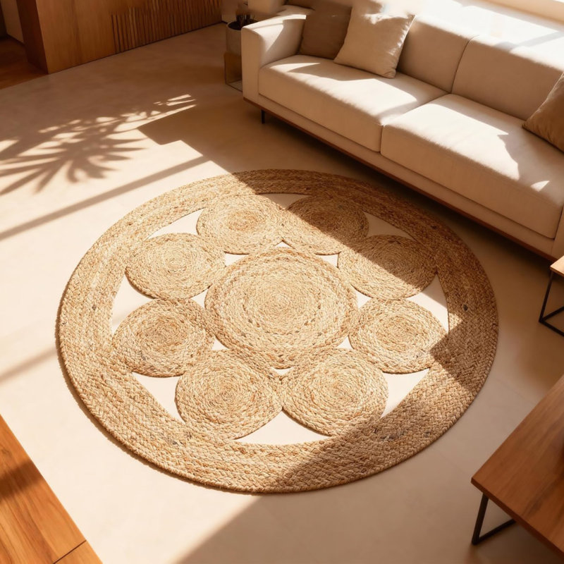 Square Geometric Jute / Sisal Machine Tufted 122cm X 122cm Area Rug