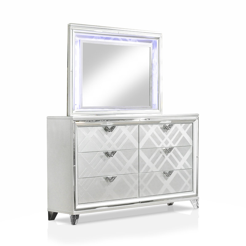 Commode double 6 tiroirs avec miroir Waldrup, Blanc
