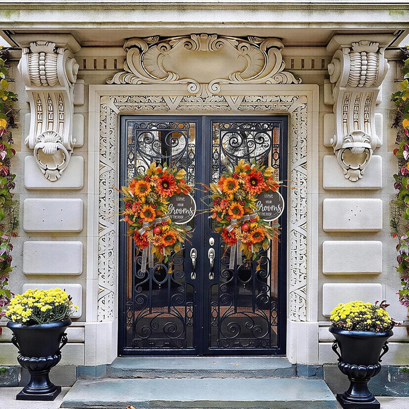 Couronne de tournesol d'automne rustique 24 po - Décoration de porte d'entrée à motif citrouille, feuille d'érable et arc Buffalo