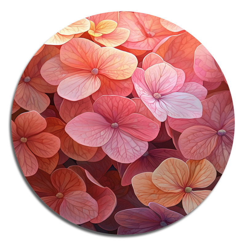 Hydrangeas in the Sunset Glow I - Hydrangea, art mural rond en métal pour le salon, H 23 po x l 23 po
