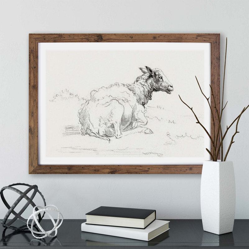A Lying Sheep by Jean Bernard - Single Picture Frame Print, Walnut, 33cm H x 45cm W x 2cm D