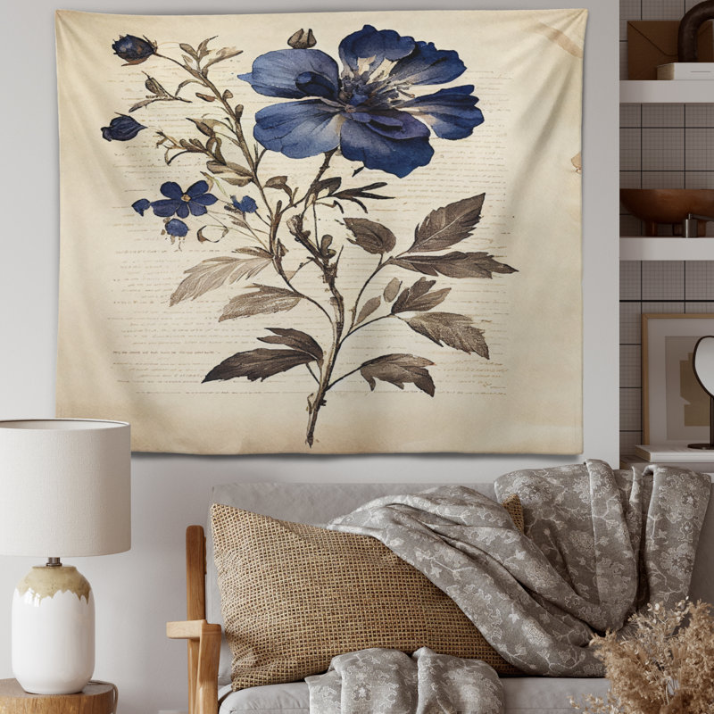 Tapisserie en polyester fleur bleue rétro, H 32 po x l 39 po