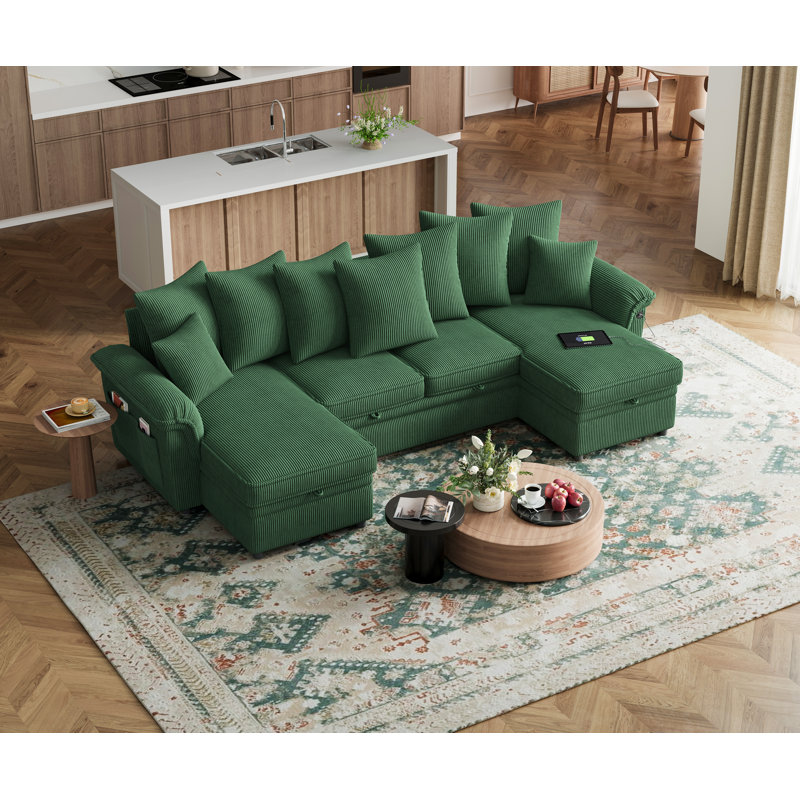 Felipe Large Corduroy U-Shaped Modular Sectional With Sleeper Bed, Dual Storage Chaises, And 9 Pillows, Wide Sofa With USB Charging