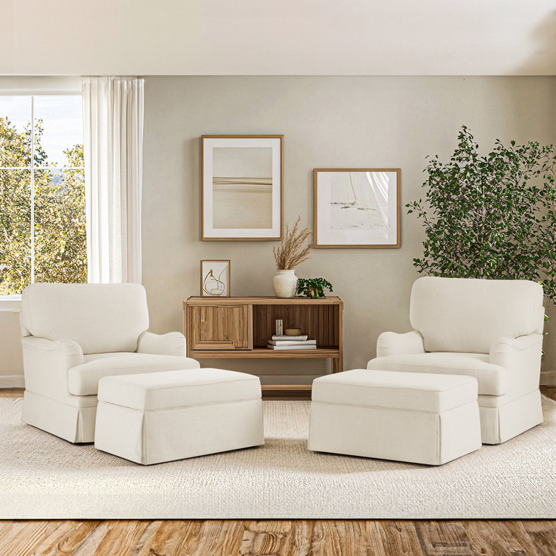 32.7'' Skirted Swivel Accent Barrel Chair With Storage Ottoman  (Set of 2), Beige Linen
