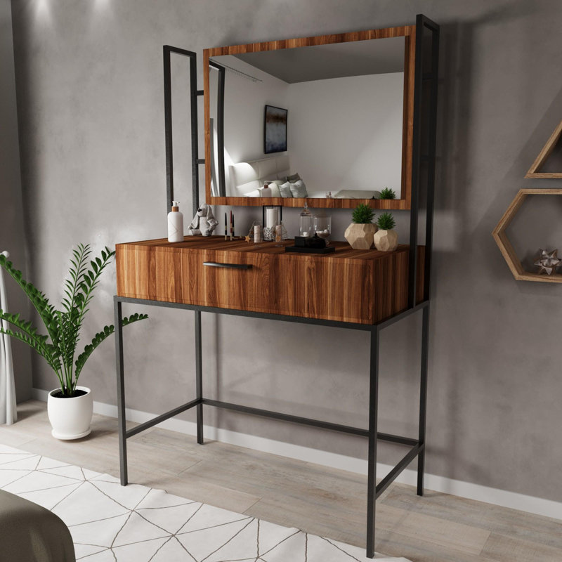 Table de maquillage élégante avec pieds en métal thermolaqué électrostatique, finition noyer, 47,2 po x 63,0 po x 15,7 po | Panneau de particules 100% enduit de mélamine, durable et élégant, parfait pour les meubles-lavabos modernes et les vestiaires