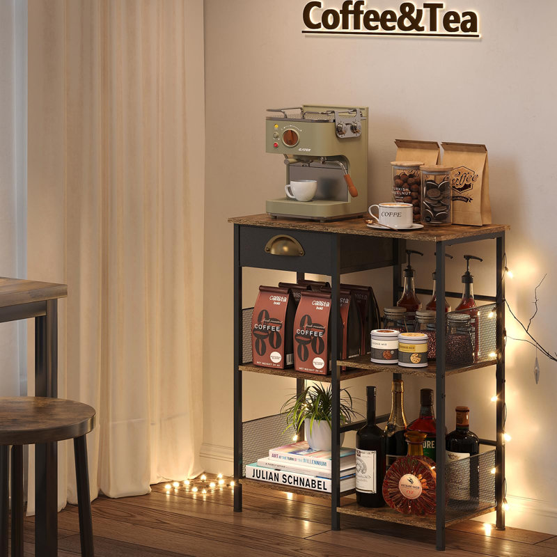 5-Layer Staggered Coffee Bar With Storage Drawer - Space-Efficient Farmhouse Stand For Kitchens - Waterproof Microwave Shelf & Bakers Rack Organizer