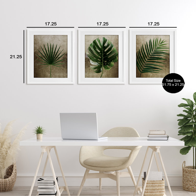 Rustic Earthy Tropical Leaves, ensemble de 3 reproductions encadrées sous verre, par Anna Lischenko, H 21 po x l 51 po