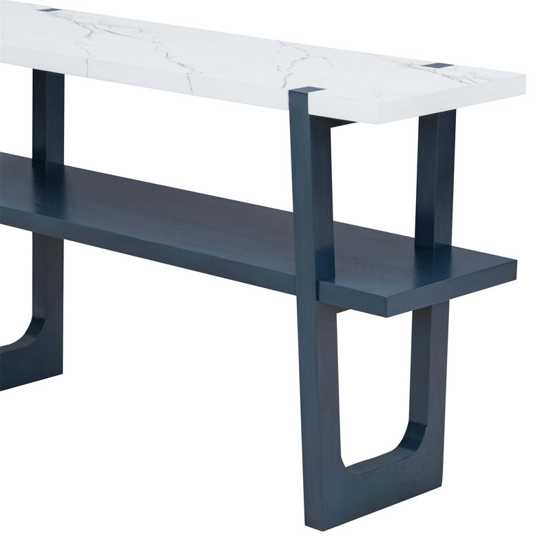 Narrow Console Table with Marble Effect Top, Retro Entryway Table with Open Shelf, Navy