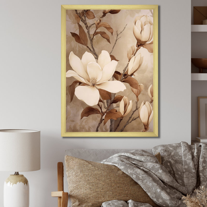 Blanc blanc brun Magnolias nature sérénité - art mural floral, H 40 po x l 30 po x P 1,5 po, Cadre doré simple