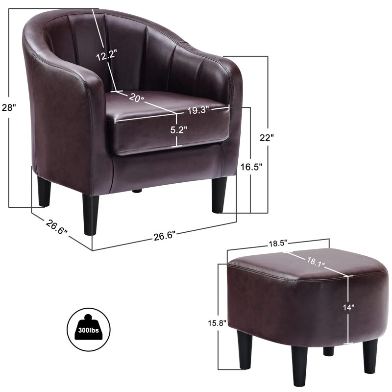 Brown Faux Leather Barrel Accent Chair Set with Ottomans