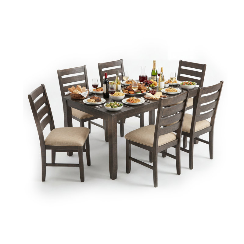 Mereworth 7 Piece Dining Table Set | Rectangular Wood Top and 6 Ladder-Back Chairs | Dual Tone Weathered White Brown, Brown