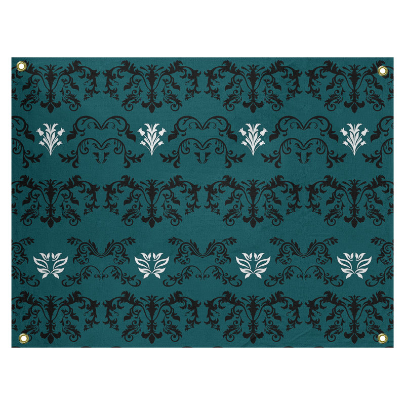 Tapisserie baroque en polyester Polyester, H 59 po x l 80 po, Bleu sarcelle / noir / blanc