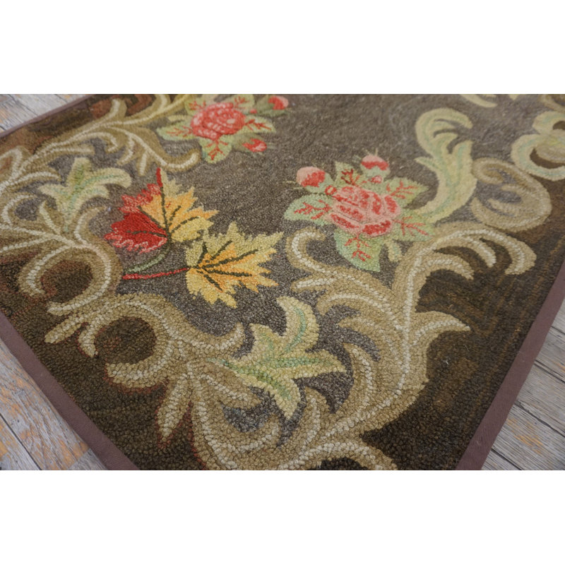 Brown Gray Color Antique Floral Inlay Design American Hooked Rug