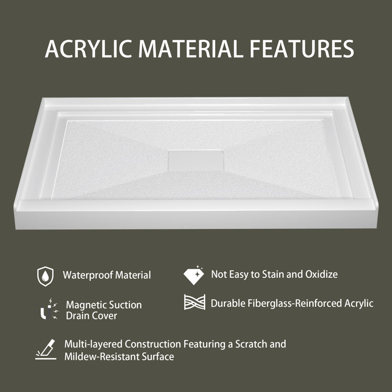 48" W × 32" D Acrylic Shower Base Single Threshold for Alcove Installation with Rectangular Drain Cover